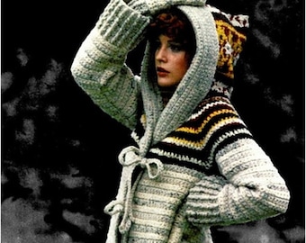 Modello per giacca/cappotto con cappuccio e alamari all'uncinetto, modello per maglione/cardigan da donna, modello retrò all'uncinetto, guanti, cappotto da auto - Modello PDF
