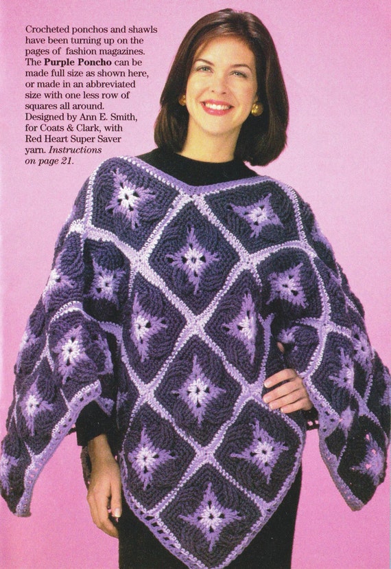5 Designs Sz Crochet Pattern Granny Square Poncho XS-Xl Textured Poncho Poncho Pizazz Designs by Kay Meadors Ribbon Poncho