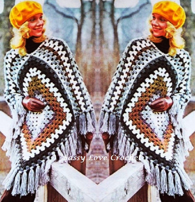 【D&G】Granny square/WOOL crochet Poncho Crochet Vintage Granny Square Gray Poncho PATTERN, Jacket Wrap