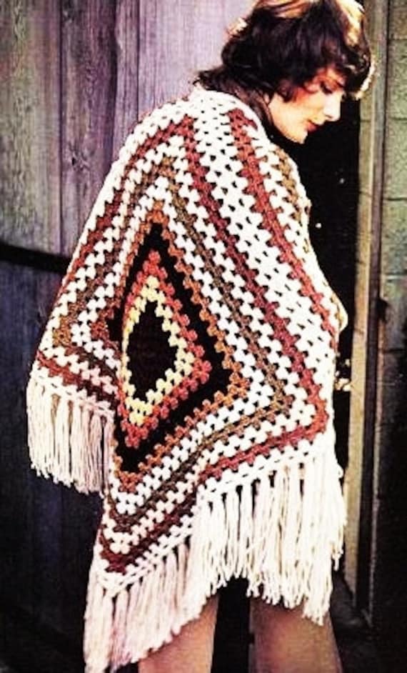 Crochet Boho Hippie Granny Square Poncho PATTERN, Vintage Retro