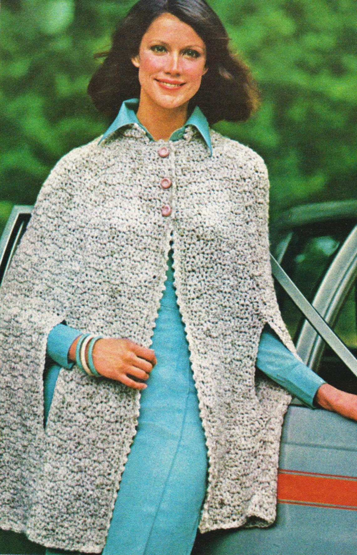 Vintage Crochet Cape Pattern, Gray Tweed Cape With Slits Buttoned Down ...