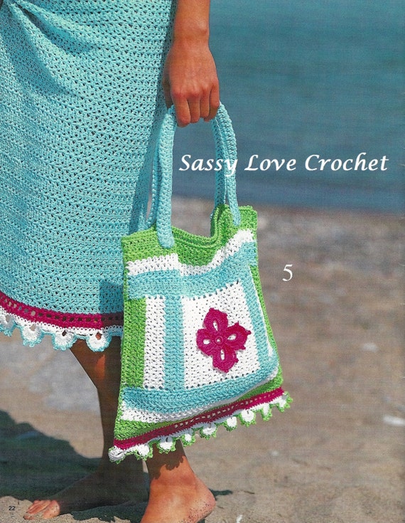 Crochet Summer Beach Bag Pattern, Tote Shoulder Bag Purse- Women Ladies  Summer Flower Motif- PDF Download