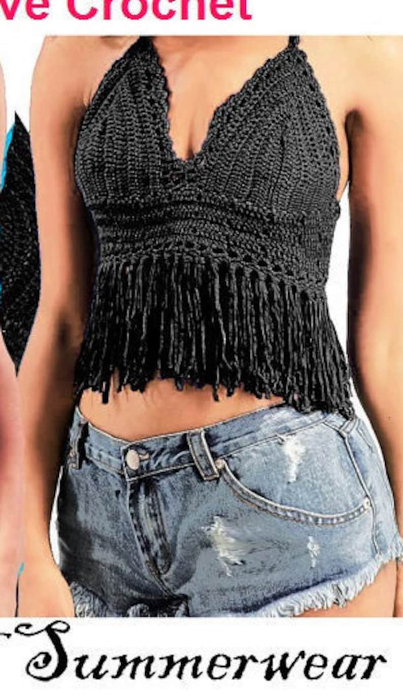 Crochet Crop Top Halter PATTERN Halter Fringed Black Crop | Etsy