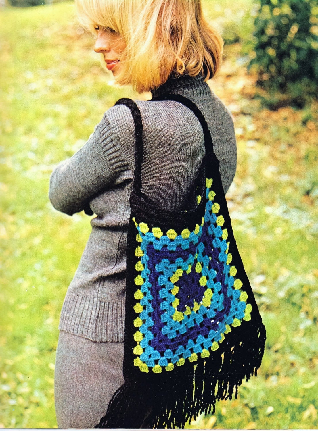 Crochet Black Boho Giant Hippie Purse Bag Satchel Cross Body Tote