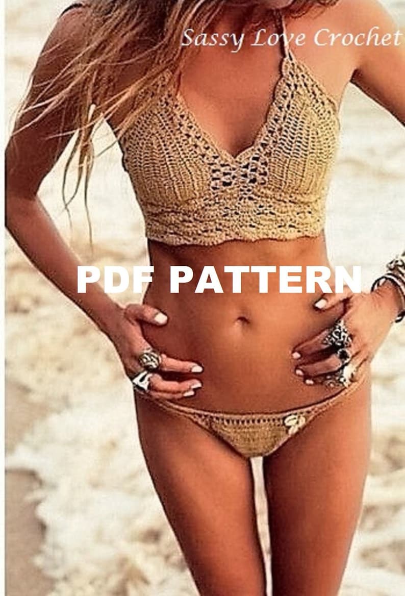 Crochet Bronze Bikini Pattern, Halter Bikini Pattern & Bikini Bottoms, Bikinis swimwear Boho Gypsy Festival Digital Download image 2