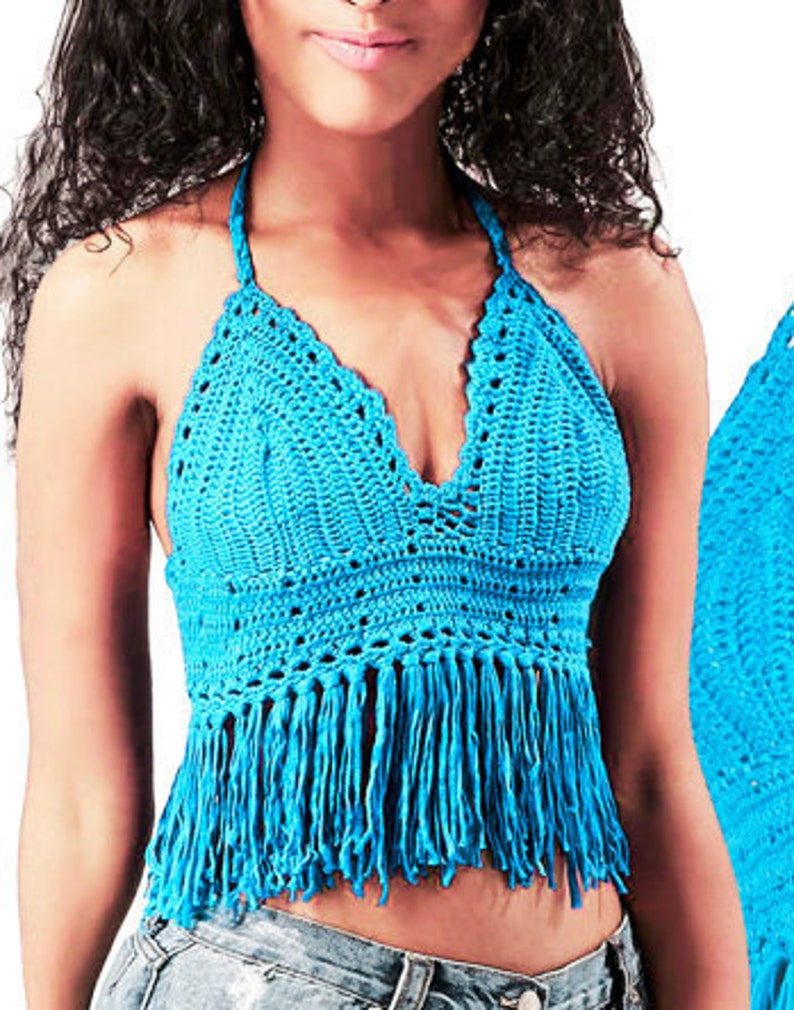 Crochet Crop Top Halter Top Pattern, Fringed Bikini Top, Boho Festival