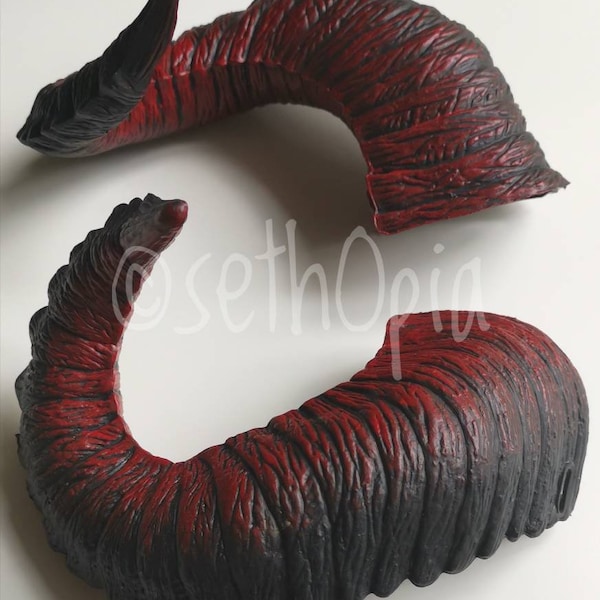 Pair of two-tone matte black and red horns, demon, devil, creature, monster, perfect for Halloween