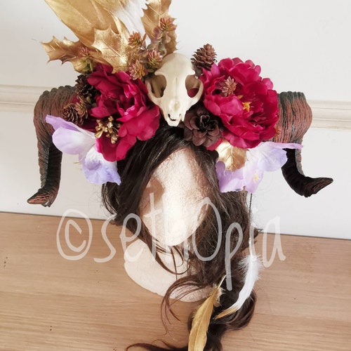 Beautiful headdress skull cat skull shops peonies golden feathers