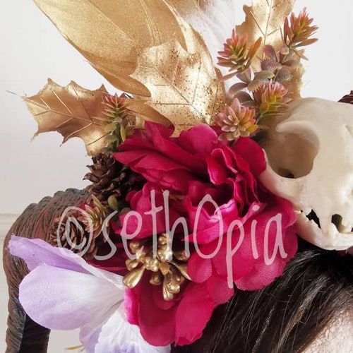 Beautiful headdress skull cat skull shops peonies golden feathers
