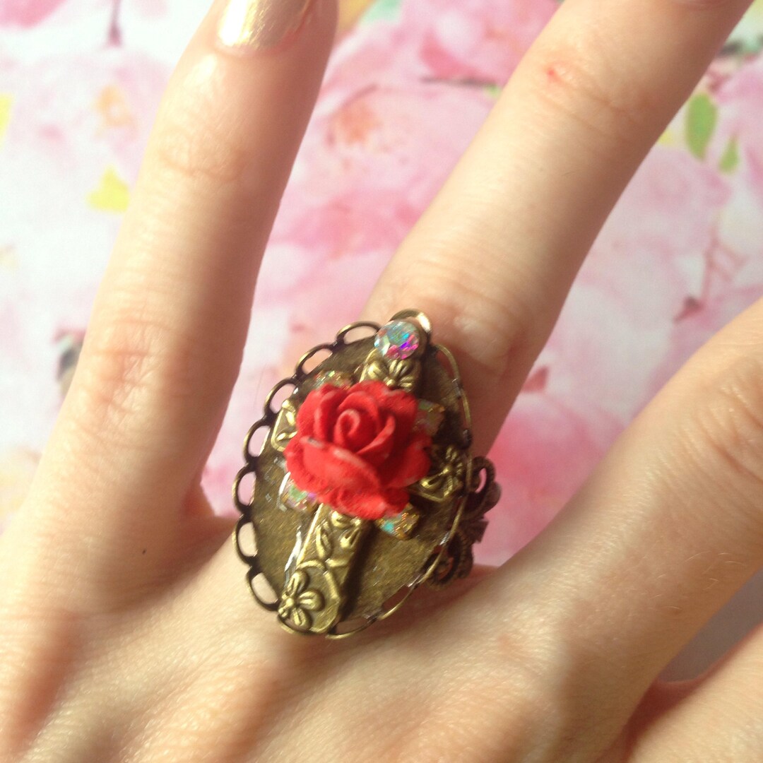 Adjustable Cross and Red Rose Ring - Etsy