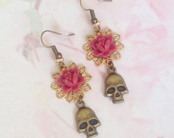 Pair of Burgundy and skull Flower Earrings bronze