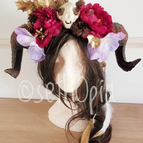 Beautiful headdress skull cat skull shops peonies golden feathers