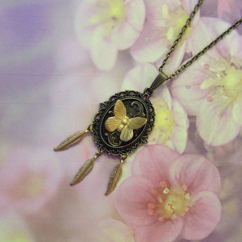 Ornate Butterfly Necklace and feathers image 3