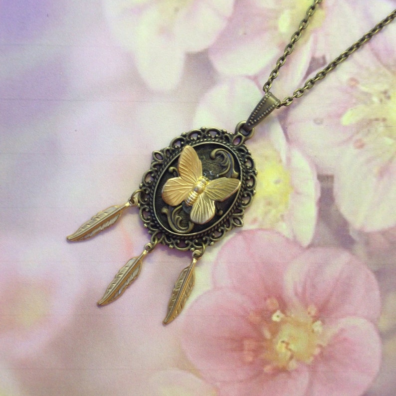 Ornate Butterfly Necklace and feathers image 2