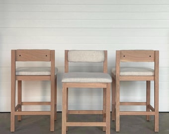Silla de altura de mostrador / Silla de madera / Silla moderna / Roble blanco / Lino
