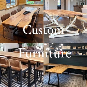 May include: Four different examples of custom-made wooden furniture. The first image shows a long, live-edge dining table with black metal chairs. The second image shows a large, live-edge dining table with a white base and a matching bench. The third image shows a long, live-edge dining table with black metal chairs and a black metal base. The fourth image shows a large, live-edge desk with a black metal base and a black and white patterned rug.