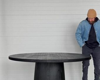 Modern Round Black Dining Table – Solid Hardwood Pedestal Table – Shou Sugi Ban Finish