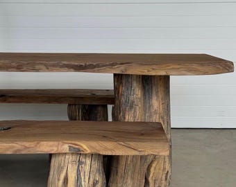 Raw Distressed Dining Set, Large Dining Set, Live Edge Dining Table & Bench | Rustic Dininf Table