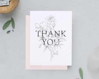 Thank You Card - Flowers - Line Art - Black and White - Modern