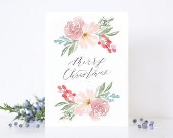 Holiday Card - Merry Christmas - Flowers - Watercolor and Calligraphy - Flowers