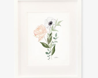 Watercolor Florals Print - Pink Rose - Anemone - Eucalyptus