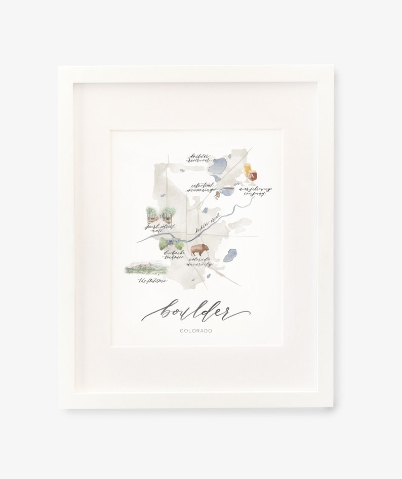 Boulder Colorado Map Watercolor Calligraphy image 1