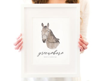 Greensboro, North Carolina Art Print - Horse - Watercolor - Calligraphy