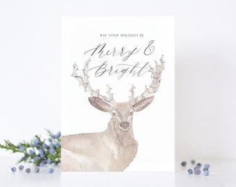 Holiday Card - Christmas Deer - Merry and Bright - Watercolor and Calligraphy