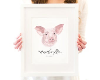Nashville, Tennessee Art Print - Pig - Watercolor - Calligraphy