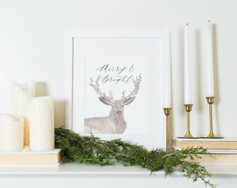 Holiday Art Print - Watercolor Deer - Merry & Bright - Antlers and Calligraphy