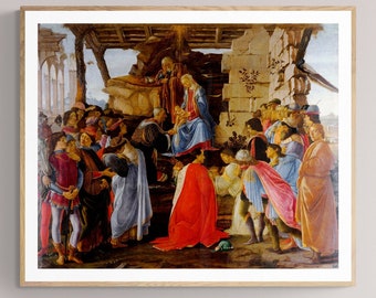 May include: A framed painting depicting a religious scene with a group of people gathered around a central figure. The central figure is a woman wearing a blue robe and a red cloak, holding a baby in her arms. The painting is set against a backdrop of a stone building with a wooden roof.