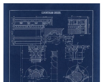 Blueprint Wall Art, Corinthian Column Drawing, Blueprint Wall Decor, Drawing, Blueprint, Fine Art Print, Architecture, Blueprint Prints