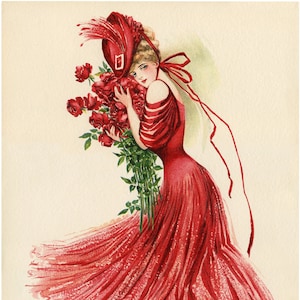 Red Dress, Victorian Dress, Red Victorian Dress, Victorian Red Dress, Dress Illustration, Red Victorian, Red Dress Illustration, Fashion Art image 1