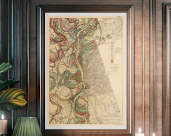 May include: A vintage map of the Mississippi River, showing the river's course and its many meanders. The map is printed in shades of brown, green, and blue, and includes a legend with different colors representing different geological formations.