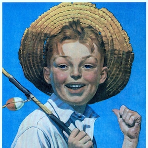 Vintage, Kunstdruck, Norman Rockwell, Junge mit Angelpfahl 1919, Angeln Dekor, Angeln Geschenke für Männer, Angeln Geschenke, Angeln