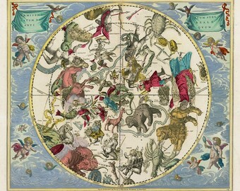 May include: A colorful vintage celestial map featuring constellations and zodiac symbols. The map is circular, with detailed illustrations of mythical figures and celestial bodies. The border includes cherubs and decorative banners, with a blue and yellow color scheme.