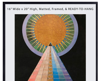 May include: A framed print of a geometric abstract painting with a circle and a triangle, featuring a rainbow of colors. The print is 16 inches wide and 20 inches high, and is matted and framed with a black matte metal frame and white mat. The print is ready to hang.