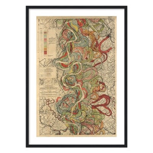 May include: A vintage map showing the Mississippi River Meander Belt. The map is in shades of green, yellow, red, and blue, and shows the river's course over time. The map is titled "Mississippi River Meander Belt" and includes a key explaining the different colors.