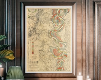 May include: A vintage map of the Mississippi River, showing the river's meandering course and the surrounding landscape. The map is printed in shades of brown, green, and red, and includes a legend and scale.