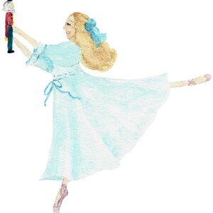 May include: A watercolor painting of a young woman in a light blue dress, with a blue ribbon in her hair, holding a toy soldier in her right hand. She is dancing on her toes, with her left leg extended behind her.