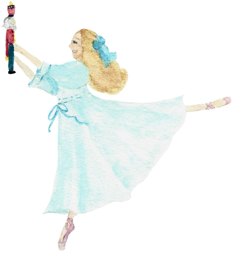 May include: A watercolor painting of a young woman in a light blue dress, with a blue ribbon in her hair, holding a toy soldier in her right hand. She is dancing on her toes, with her left leg extended behind her.