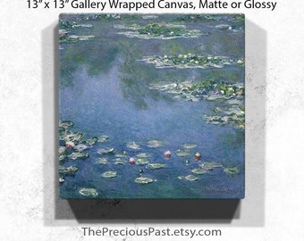 May include: A 13" x 13" gallery wrapped canvas print of Claude Monet's Water Lilies painting. The print features a blue and green water scene with water lilies and pink flowers. The canvas is available in matte or glossy finishes.