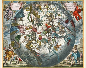 May include: A vintage celestial map depicting the constellations of the Northern Hemisphere. The map is surrounded by figures of angels and mythological creatures, with the text "Hemisphaerium Caelatum Sphararum" at the top.