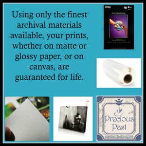 May include: A collage of images showcasing the high quality materials used to create prints and canvases. The text reads "Using only the finest archival materials available, your prints, whether on matte or glossy paper, or on canvas, are guaranteed for life."  The images include a roll of glossy photo paper, a close-up of canvas texture, a framed print of a man sitting on a chair, and a logo for "The Precious Past".