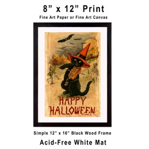 May include: An 8x12 inch print of a vintage Halloween illustration featuring a black cat wearing a witch's hat and playing a violin. The cat is surrounded by bats and a full moon. The text "HAPPY HALLOWEEN" is printed below the cat.