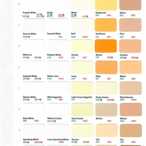 May include: A color chart with 9 rows and 5 columns of paint color swatches. Each swatch has a color name and a code. The colors range from white to yellow to brown.