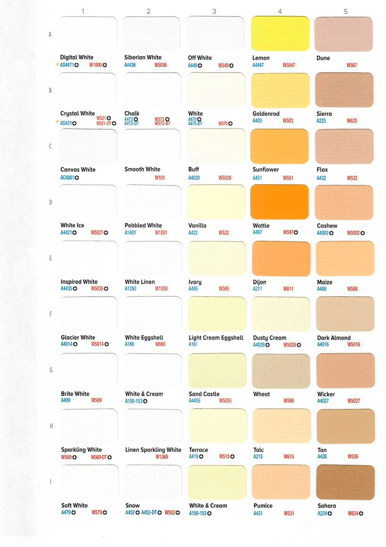 May include: A color chart with 9 rows and 5 columns of paint color swatches. Each swatch has a color name and a code. The colors range from white to yellow to brown.