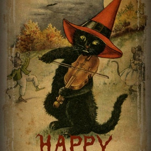 May include: A vintage Halloween card featuring a black cat wearing a red witch's hat and playing a violin. Two mice are dancing in the background. The card reads "Happy Halloween".