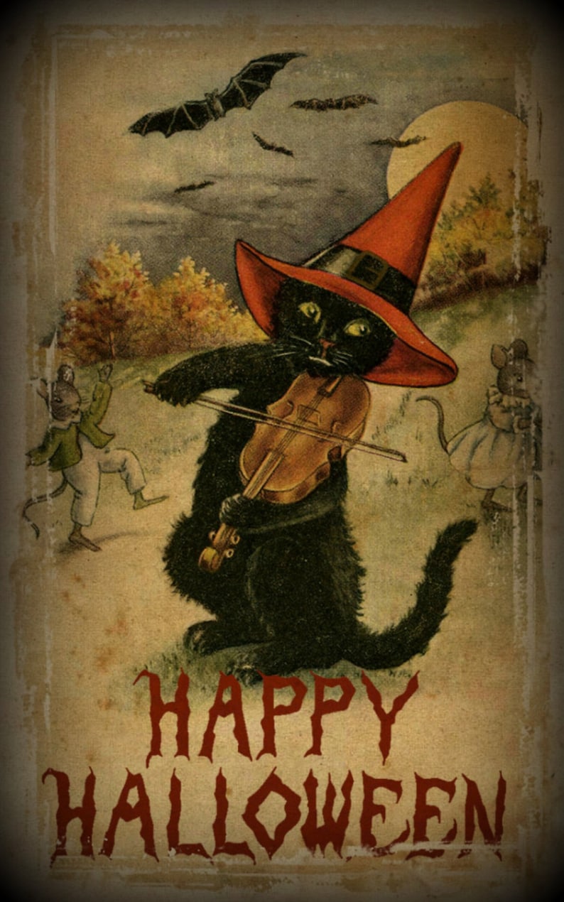May include: A vintage Halloween card featuring a black cat wearing a red witch's hat and playing a violin. Two mice are dancing in the background. The card reads "Happy Halloween".