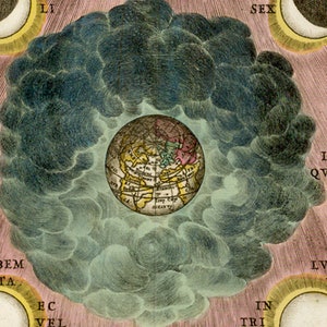 May include: A vintage illustration of a globe surrounded by clouds, with the text "IN TRI" and "LVN IN" visible in the lower right corner.